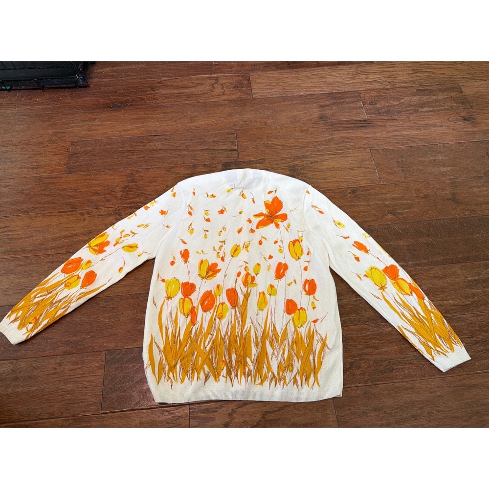 Vintage Devon Floral Tulip Print Cardigan Sweater White Orange Yellow Size 38 M - Picture 2 of 4